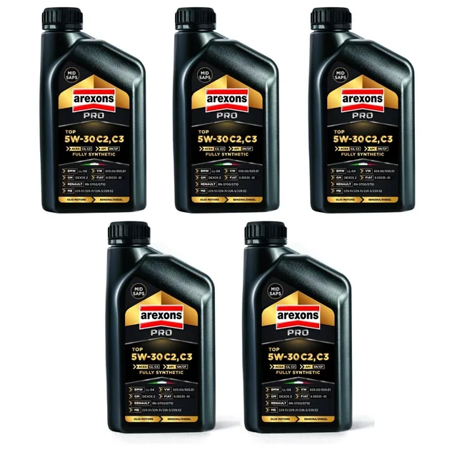 Arexons 5 Litri Olio Auto Pro 5w-30 C2/c3 Benzina/diesel (5 confezioni da 1 Litro)