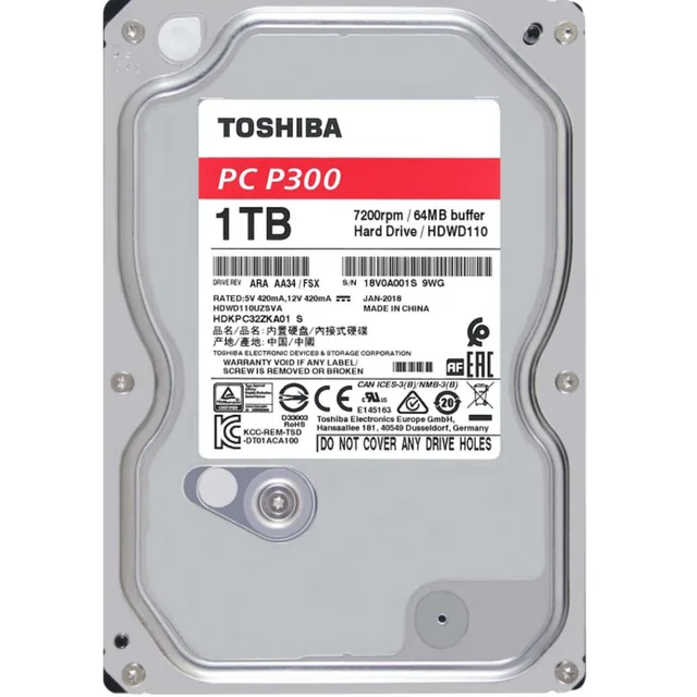 Toshiba Hard Disk HDD 3.5" SATA da 1TB – 7200 RPM, Modello PC-P300 HDWD110 per Desktop